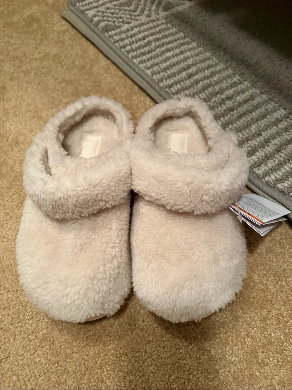CROCS Kids Classic Cozy Clog Slippers in Light Beige Faux Fur